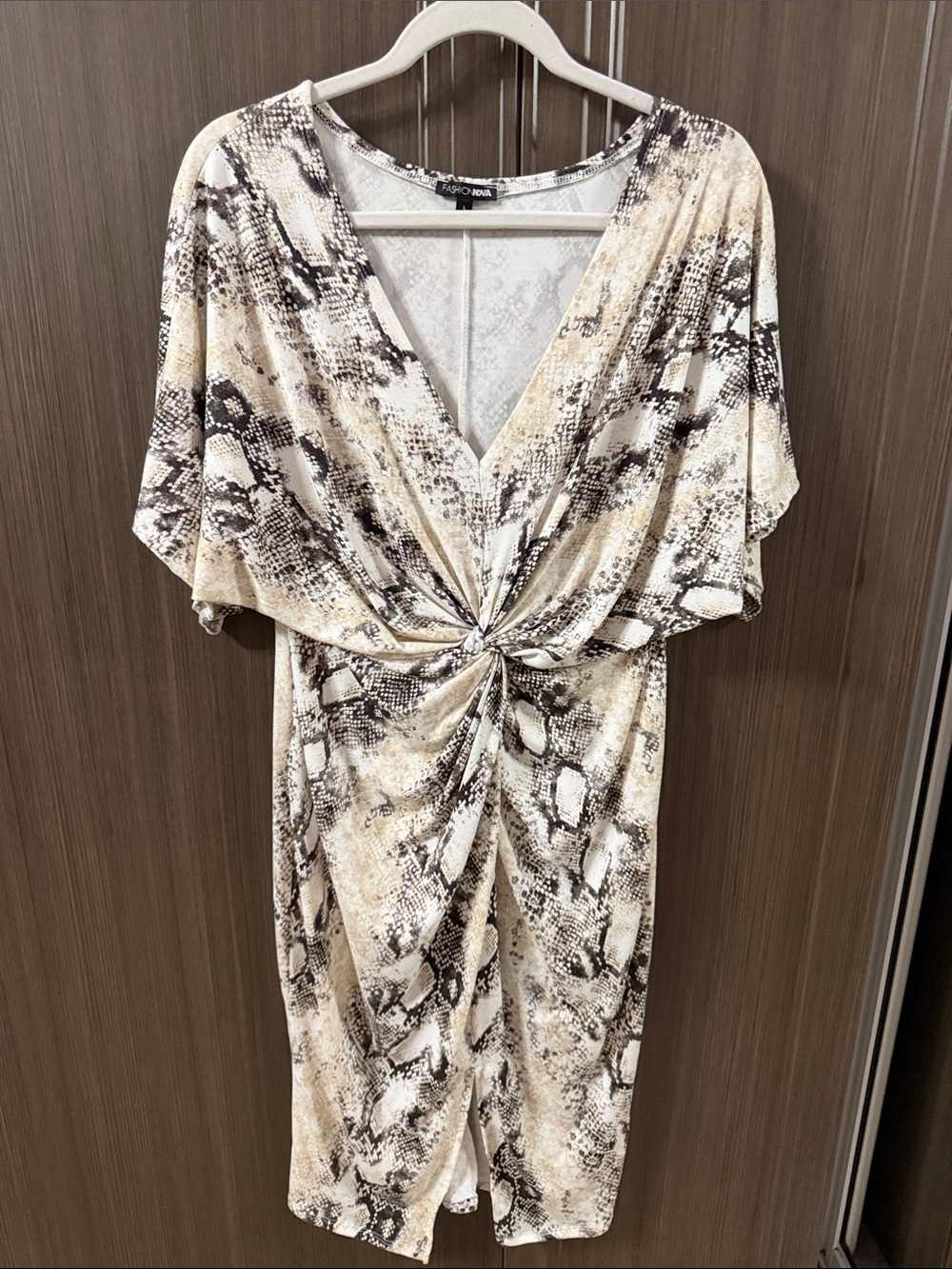 Fashion Nova Beige Black‎ Snake-Print Twist Front Midi Dress